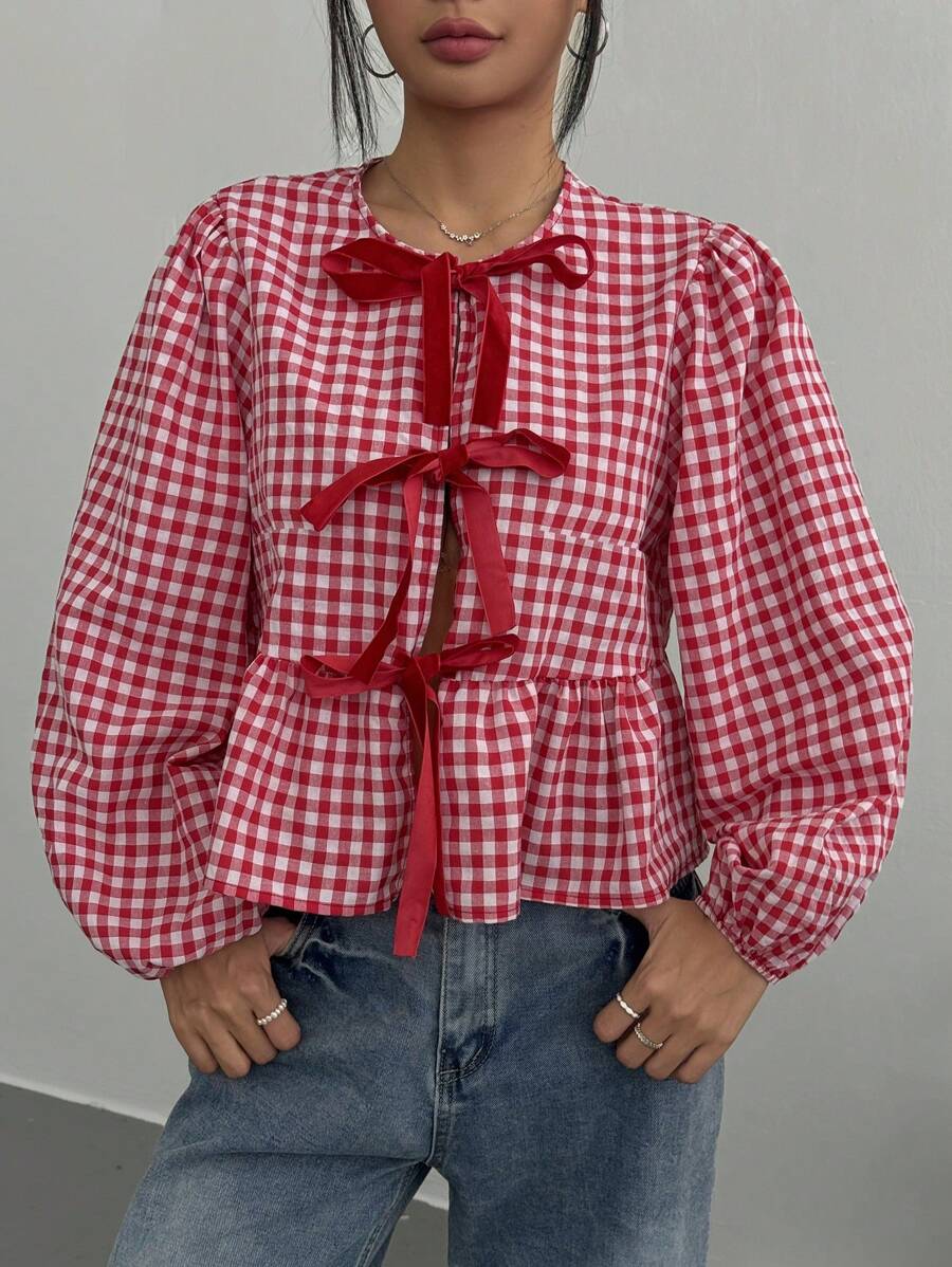 SHEIN EZwear 大码休闲格子前系带长袖褶皱衬衫 - 紅白色 - 查看 1