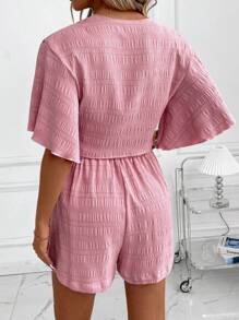 SHEIN Clasi Women's Twist V-Neck Short Sleeve Top And Shorts Set, Textured Fabric, Elegant Daily Wear, Sexy Vacation, Spring/Summer