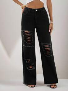 EMERY ROSE Women's Pocket Ripped Flare Loose Casual Versatile Jeans