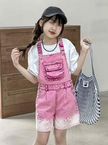 Tween-Mädchen Denim-Overall-Shorts, rosa Latz, Cargotaschen, gestickte Sterne, 100 % Baumwolle, Premium-Waschung, Beinausschnitt mit Ombre-Verblassung, lockere Passform, süß und niedlich für Ausflüge, Schule, Sport, Hauskleidung, verstellbare Träger, Unabhängigkeitstag, Musikfestival, Kindertagsgeschenk, passendes Schwestern-Set - Pink - Übersicht 3