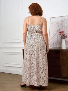SHEIN Tall CURVE Plus Size Summer Vacation Ditsy Floral High Slit Spaghetti Strap Dress,Sundress - Apricot - View 2