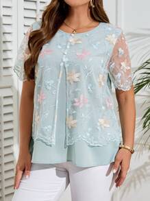 EMERY ROSE Plus Size Women Floral Embroidered Mesh Round Neck Short Sleeve Fashion Blouse, Tunic Top,Summer,Going Out Tops Women,Summers For Women,Country Concert,Vacation Tops,Bohemian Clothes,Countrys Women,Teachers For Women,Business Casual Women,Fall Women Clothes