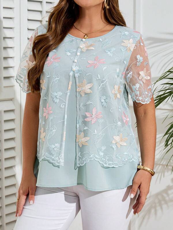 EMERY ROSE Plus Size Women Floral Embroidered Mesh Round Neck Short Sleeve Fashion Blouse, Tunic Top,Summer,Going Out Tops Women,Summer Outfits For Women,Country Concert Outfit,Vacation Tops,Bohemian Clothes,Country Outfits Women,Teacher Outfits For Women,Business Casual Women,Fall Women Clothes