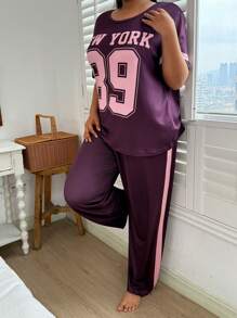 Conjunto de pijama de talla grande con estampado de letras y números, top y pantalones casuales - Morado - Ver 6