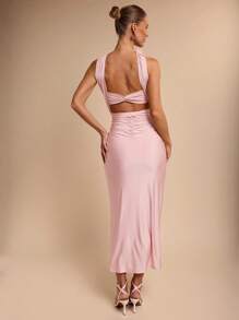 COSMINA Elegant Women 3D Floral Ruched Mid-Length Dress Bandage Dress, Vacation Style, Spring/Summer - Pink - View 2