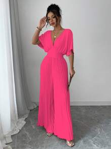 Selianne 纯色深V领蝙蝠袖褶皱优雅女式连体裤 - 玫紅色 - 查看 4