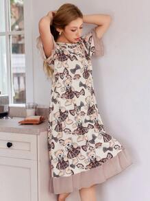 SHEIN Cartoon Bear Print Flounce Hem Women Casual Nightgown For Women Summer, Moo Moo - Multicolor - View 4