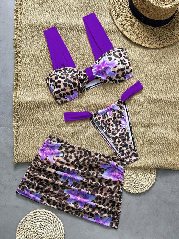 Swim Mod Set de costume de baie 3 piese pentru femei cu imprimeu leopard și imprimeu floral