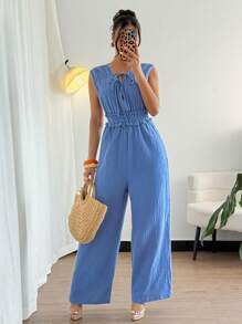 Islaluna Chic V-Neck Drawstring Jumpsuit - Blue - View 5
