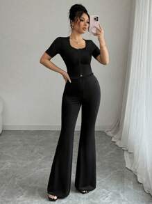 Elenzga 2pc Women Casual Commute Elegant Outfit - Button-Up Short Sleeve Top And Pants - Black - View 5