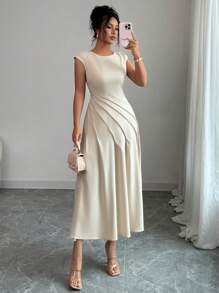 Selianne Women's Elegant Loose Waist Pleated Casual Dress, Boat Neck, Flowy, Suitable For Holiday Party, Tea, Summer - Apricot - View 1