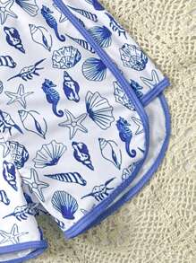 Conjunto de 2 piezas de traje de baño para niña preadolescente con estampado de conchas y caballitos de mar, incluye top halter y pantalón corto de cubrir, para el verano