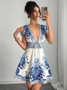 Breezaya Floral Print V-Neck Tied Elegant Dress