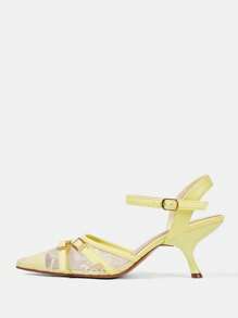 CUCCOO HITCHD Sandalias de tacón medio elegantes y románticas para mujer con correa cruzada, hebilla, bordado de encaje, puntera puntiaguda y malla amarilla de encaje para uso en verano, vestido, boda, dama de honor, fiesta de moda y ocasión formal
