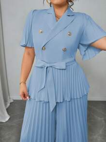 SHEIN Elenzya 大码女式优雅法式简约褶皱短袖背心和裙子两件套，夏季 - 淺藍色 - 查看 6