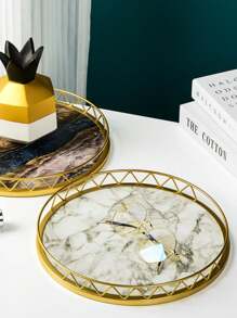 Small Round Marble Pattern Golden Metal Tray, Home Decor Storage Organizer Accessory Best Gifts Birthday Plates Kitchen Accessories Kitchen Decor Table Trays Fruit Tray Tray Decor Graduation - Multicolor - View 2