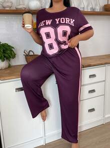 Conjunto de pijama de talla grande con estampado de letras y números, top y pantalones casuales - Morado - Ver 5