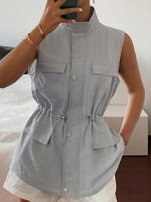 Livesso Chaqueta de utilidad con cuello alto, sin mangas y cintura ceñida para mujer, ropa de vuelta al colegio tipo chaleco