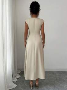 Selianne Women's Elegant Loose Waist Pleated Casual Dress, Boat Neck, Flowy, Suitable For Holiday Party, Tea, Summer - Apricot - View 2