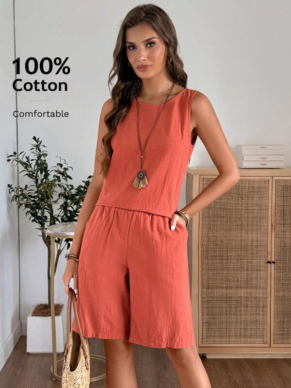EMERY ROSE Women's Solid Color Casual Camisole And Shorts 2 Pieces Set 2 Pieces Summer Outfit Vacation Two Pieces Set Short Sets For Women Lounge Sets For Women Cotton Women Clothing