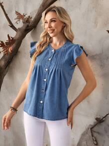 SHEIN LUNE Women's Summer Single Breasted Mini Cap Sleeve Casual Denim Shirt Blouse - Blue - View 3