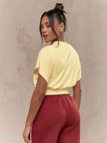 MISSGUIDED 女士经典落肩蝙蝠袖短款 T 恤休闲短袖夏季春节休闲 T 恤罗纹下摆衬衫 - 黃色 - 查看 2