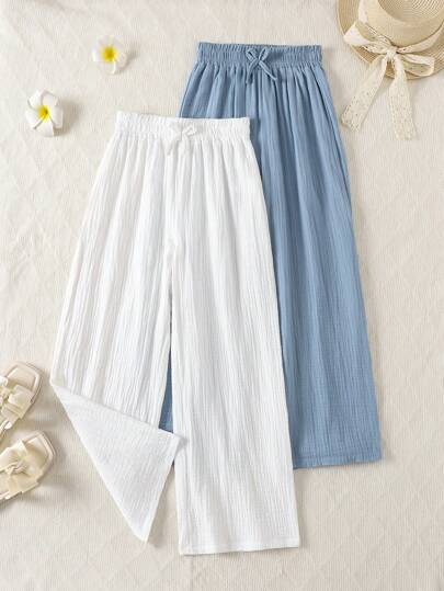 Genkimix Kids 2 Piece Girl Casual Comfortable Wide Leg Pants, Loose Fitting Bowknot Decor, Soft Fabric, Blue & White, Summer Daily Basics Fall Winter
