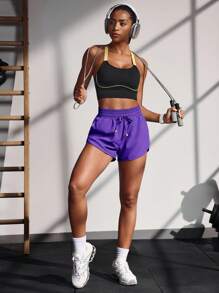 Powerista 字母印花抽绳腰休闲运动短裤健身短裤 - 紫羅蘭色 - 查看 3