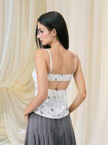 SHEIN MOD 女士碎花褶皱度假吊带背心，返校季、夏季、度假、海滩、浪漫约会、Y2K风格、毕业典礼、婚礼、返校季、甜美浪漫乡村风上衣 - 白色 - 查看 6