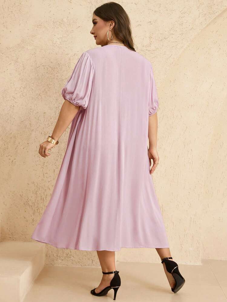 Vestido evasé elegante con mangas abullonadas, lazo frontal y encaje para mujer de talla grande