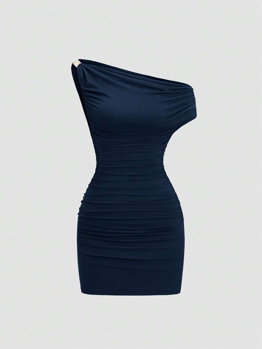 Sweetra Off-Shoulder Ruched Bodycon Mini Party Dress, Chic Layered Ruched Sexy Club Mini Dress For Women - Blue - View 1