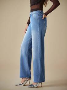 SHEIN ICON 女式休闲石洗修身无弹力牛仔裤 - 中等水洗藍 - 查看 5