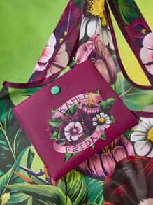 Frida Kahlo X SHEIN 1 pieza Bolsa de la compra plegable de poliéster con impresión de personaje de artista, bolso de mano, equipada con una pequeña bolsa de almacenamiento con una cadena de cuentas, se puede colgar en un bolso, Florecer, Flor, Artístico, Elegante
