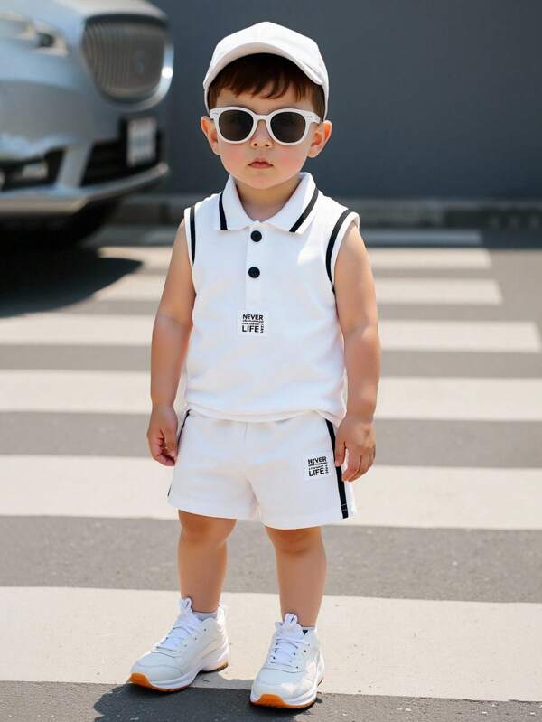 SHEIN 2pcs/Set Baby Boys Casual Fashion Simple Letter Patched Detail Practical Striped Trim Ribbed Sleeveless Polo Collar Gray Knit Tank Top & Knit Shorts Set, Suitable For Summer Home Casual, Outdoor Sports And Daily Wear,Kid Clothes,Toddler Clothes, Baby Outfit, Infant Baby Boys Outfits, Baby Polo Shirt,Toddler Vest,Toddler Short ,Baby Set,3M-3T