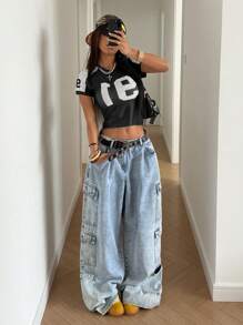 StreetHx Áo thun thể thao giản dị in chữ cổ chữ V dành cho nữ, mùa xuân/hè - màu đen - Xem 4