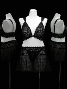 SHEIN Seduluxe 3件套加大码无线蕾丝性感内衣套装