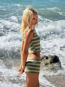 Sweetina 女士复古绿条纹露肩短袖上衣和超短裤两件套 - 彩色 - 查看 3