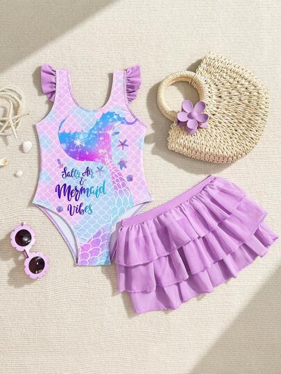 Young Girl' Cute Ruffled Mermaid Printed One-Piece Swimsuit Mermaid Swimsuit For Girls Girls Mermaid Bathing Suit Mermaid Swim Suit For Girl Mermaid Swimsuit With Skirt Girls Ruffle Swimsuit