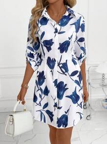SHEIN Clasi Women's New Floral Print Collared Long Sleeve Short Dress, Versatile For Commute, Daily Wear, Outing - Blue & White Teacher Outfits For Women Dresses For Women Summer Dresses For Women Teacher Outfits For Women  Fall Women Clothes Country Outfits Women Fall Women Clothes Back To School  Old Money Style Women