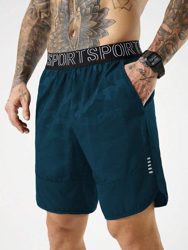 Manfinity Sport Polished Men's Letter Striped Waistband With Pockets Casual Sports Shorts