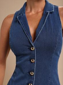 COSMINA 女式优雅日常通勤水钻纽扣弹力牛仔迷你连衣裙，春夏 - 藏蓝色 - 查看 6