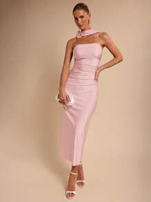 COSMINA Elegant Women 3D Floral Ruched Mid-Length Dress Bandage Dress, Vacation Style, Spring/Summer - Pink - View 6