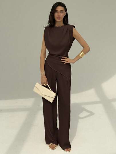 Aloruh Summer Elegant Commuter Solid Color Camisole And Pants 2Pcs Set   Summer Outfits   Summer Clothes   Summer Outfits For Women Summer Holiday Outfits  Casual Blouses For Women  Casual Sets For Women  Casual Outfit For Women