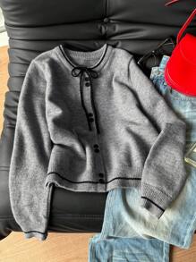 DAZY Women Contrast Color Bowknot Button Front Long Sleeve Casual Knit Sweater Fall - Apricot - View 4
