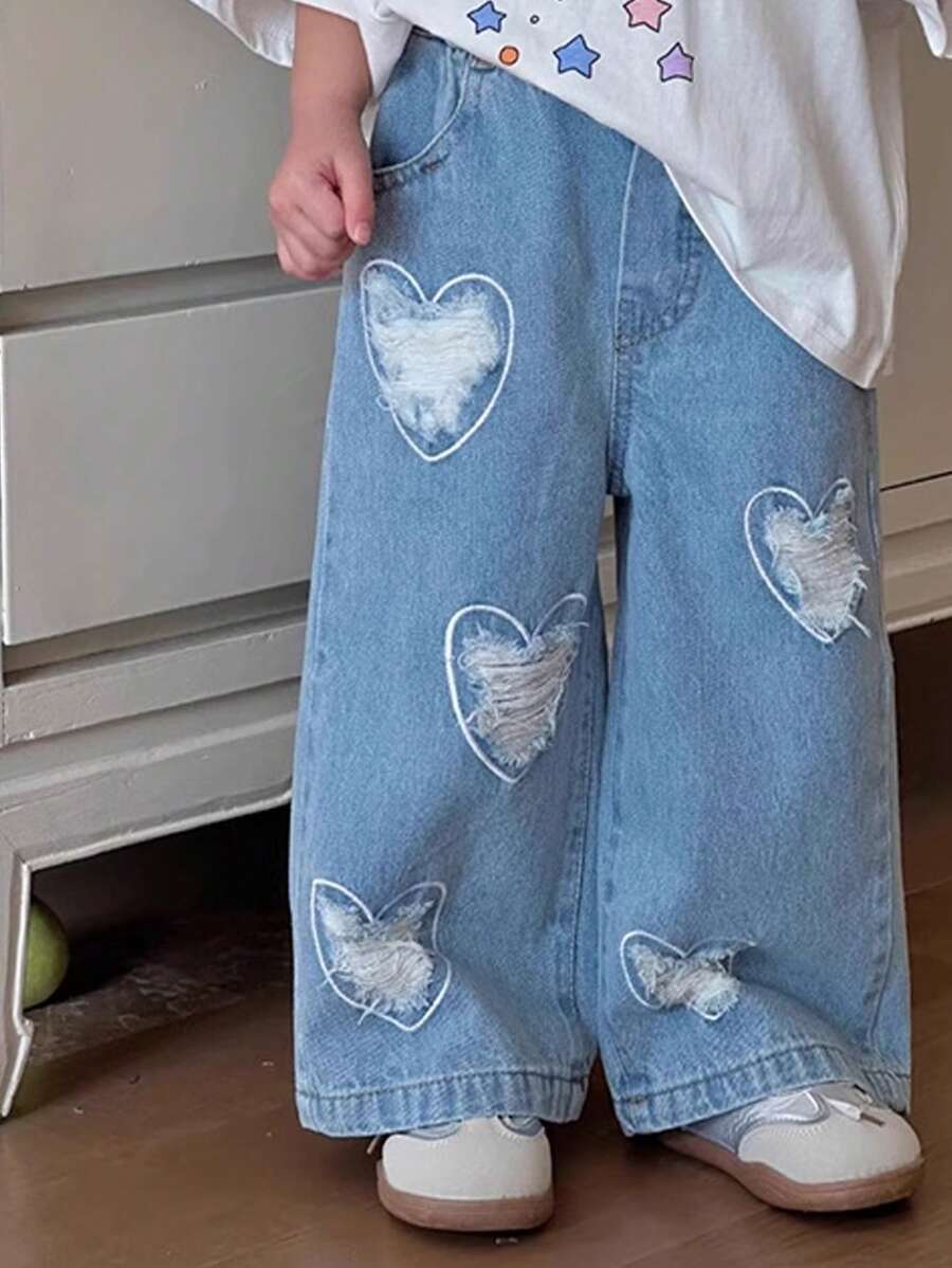 DENIMLY Tween Girl 休闲街头 Y2K 风格可爱心形刺绣和破洞阔腿牛仔裤，松紧腰带和实用口袋，浅水洗蓝色，女孩日常必备时尚单品