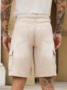 Manfinity Homme Men's Khaki Denim Cargo Shorts Casual Vacation Style With Zipper Details - Khaki - View 2