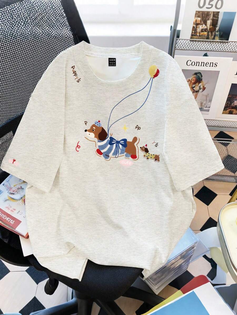 INAWLY 女式休闲可爱小狗印花圆领短袖T恤，夏季 - 白色 - 查看 1