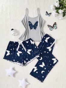 SHEIN 3pcs Women Butterfly & Galaxy Print Pajama Set 3 Pieces Pajama Set Butterfly Print Pajama Set Women Pajama Set Cute Sleep Set Summer Sleepwear Set - Navy Blue - View 1