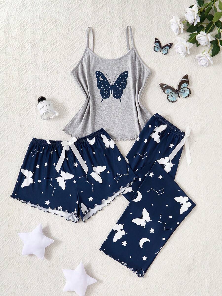 SHEIN 3pcs Women Butterfly & Galaxy Print Pajama Set 3 Pieces Pajama Set Butterfly Print Pajama Set Women Pajama Set Cute Sleep Set Summer Sleepwear Set - Navy Blue - View 1