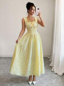 Elenzga New Woven Texture Floral Fabric Dress For Women, Spaghetti Strap Bowknot Design Waist Gathering A-Line Fashionable Versatile Elegant Refined